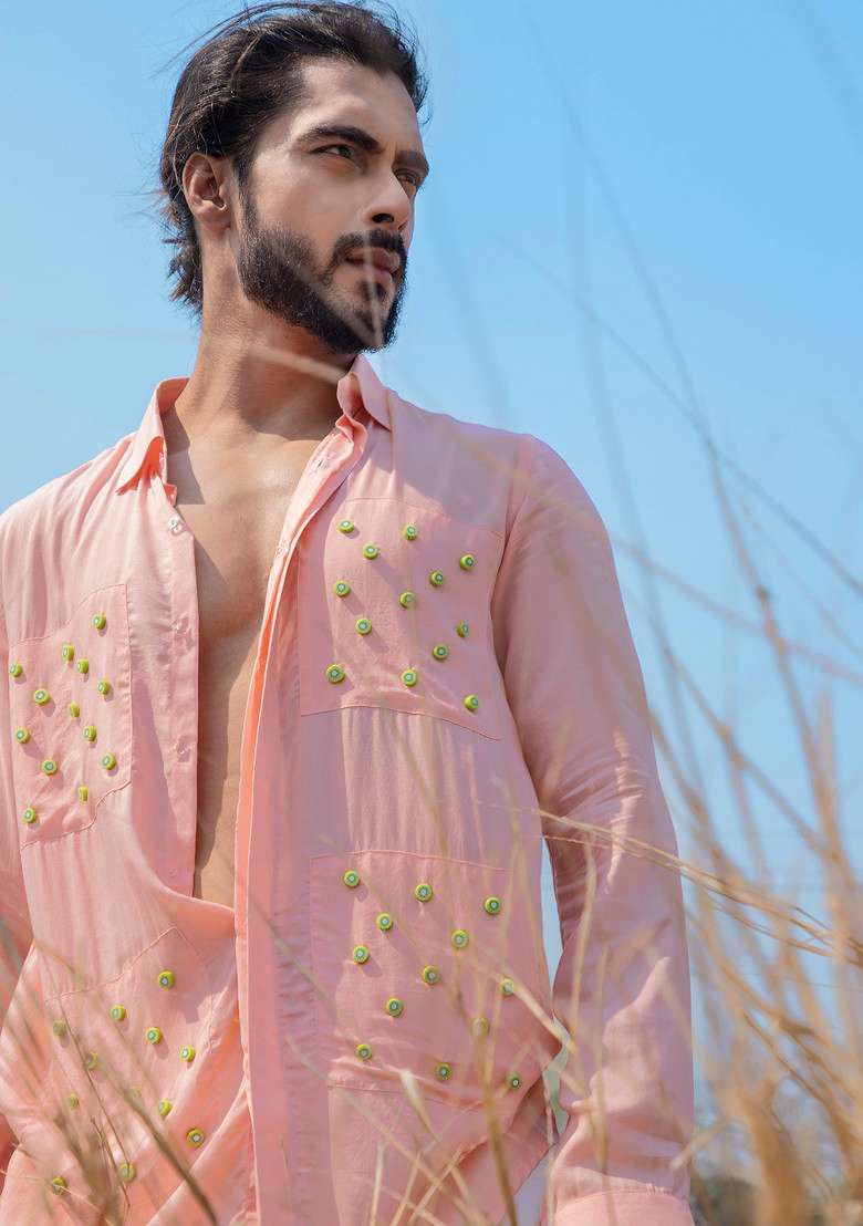 Pink Hand Embroidered Quirky Kiwi Shirt For Men - Indya