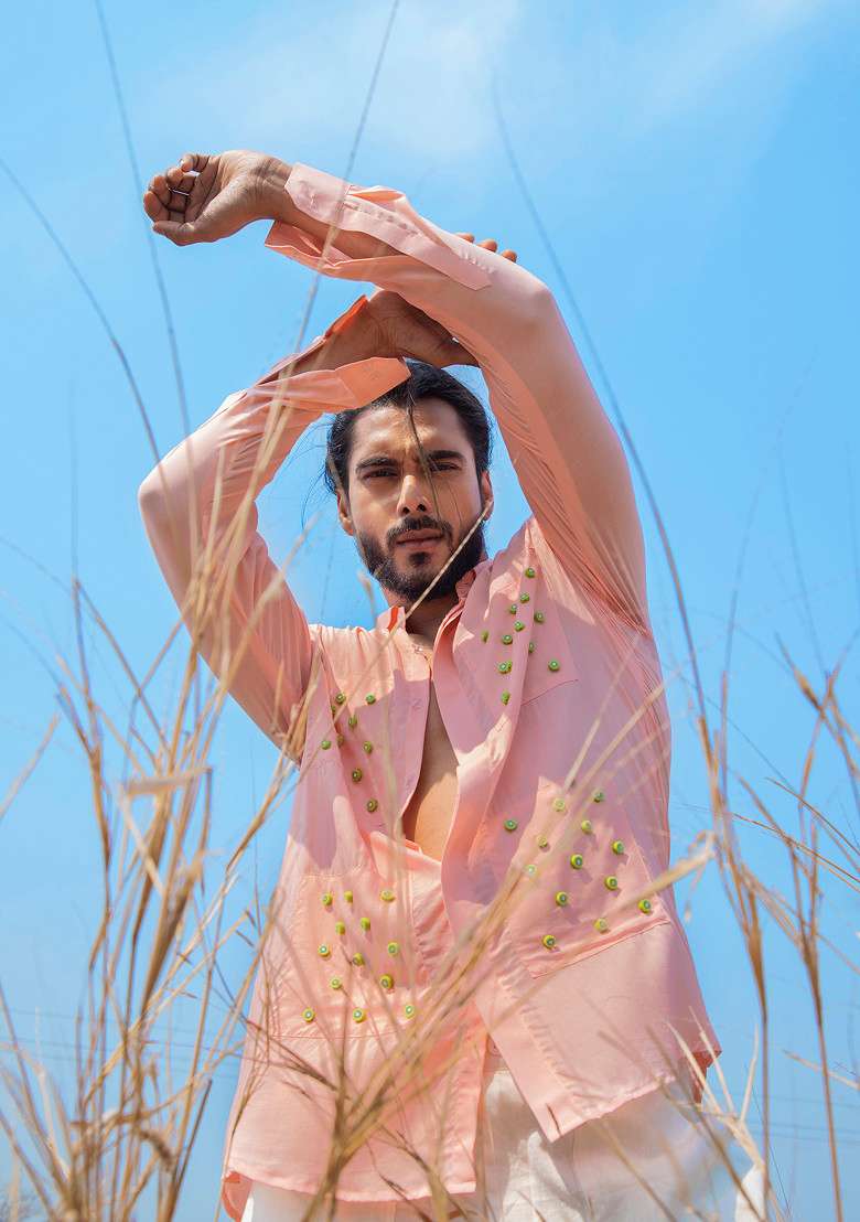 Pink Hand Embroidered Quirky Kiwi Shirt For Men - Indya