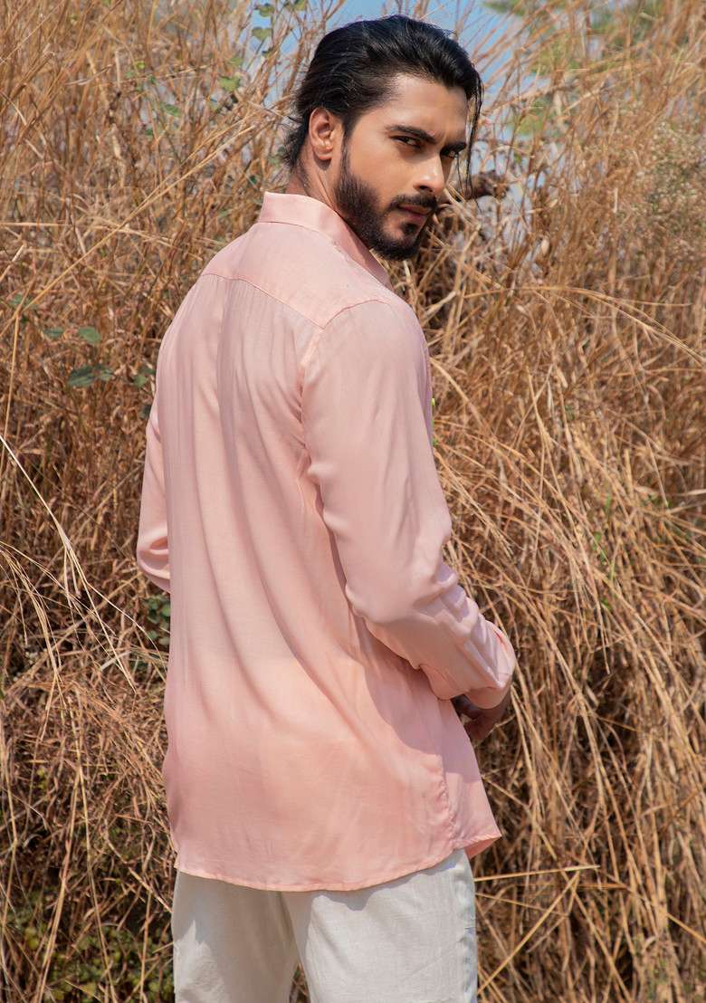 Pink Hand Embroidered Quirky Kiwi Shirt For Men - Indya
