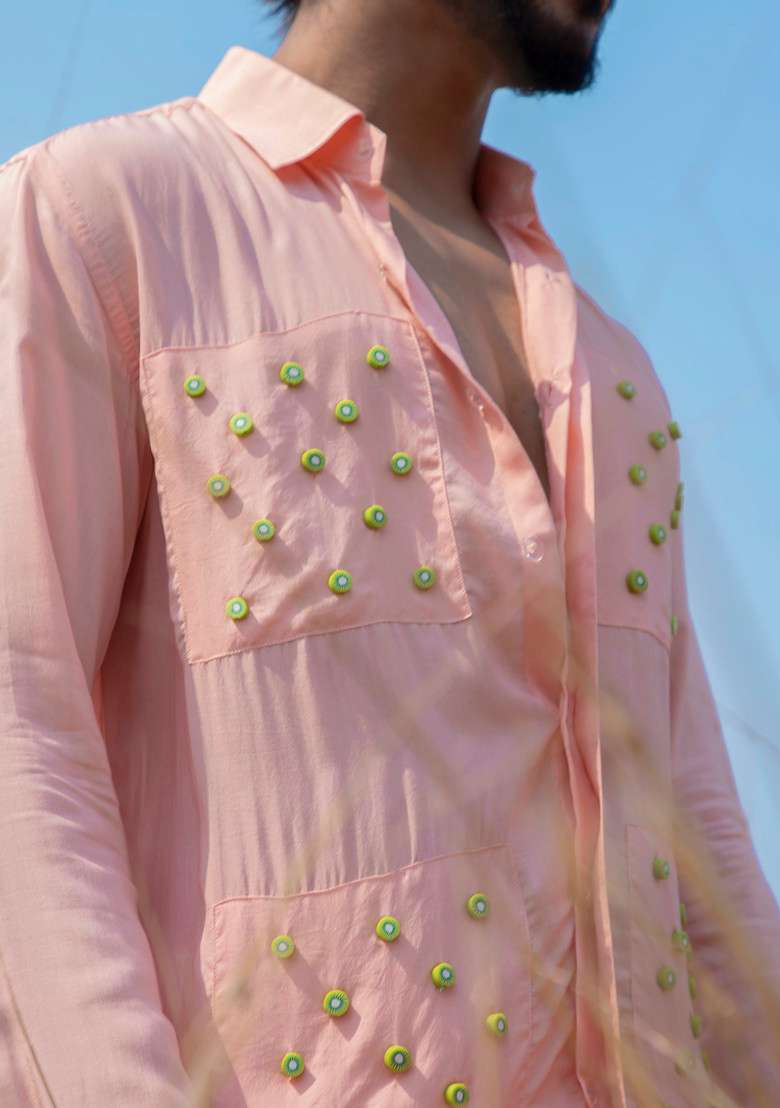 Pink Hand Embroidered Quirky Kiwi Shirt For Men - Indya