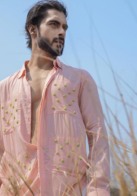 Pink Hand Embroidered Quirky Kiwi Shirt For Men