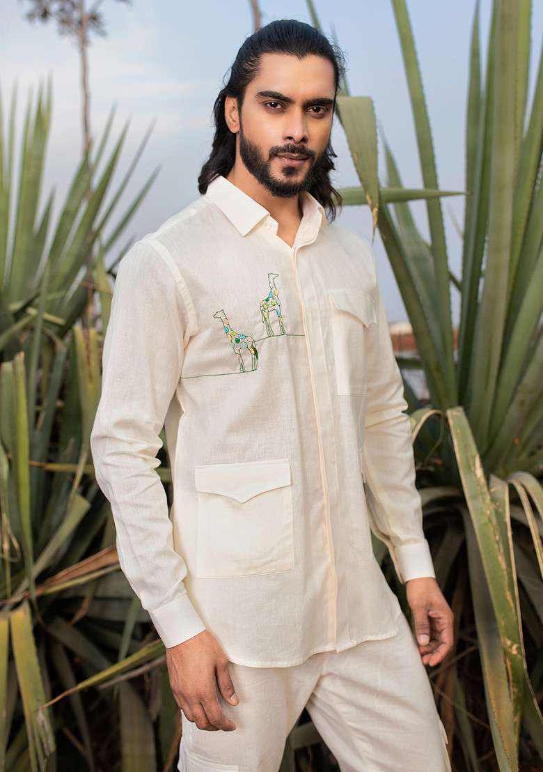 Pink Hand Embroidered Pastel Giraffe Shirt For Men - Indya