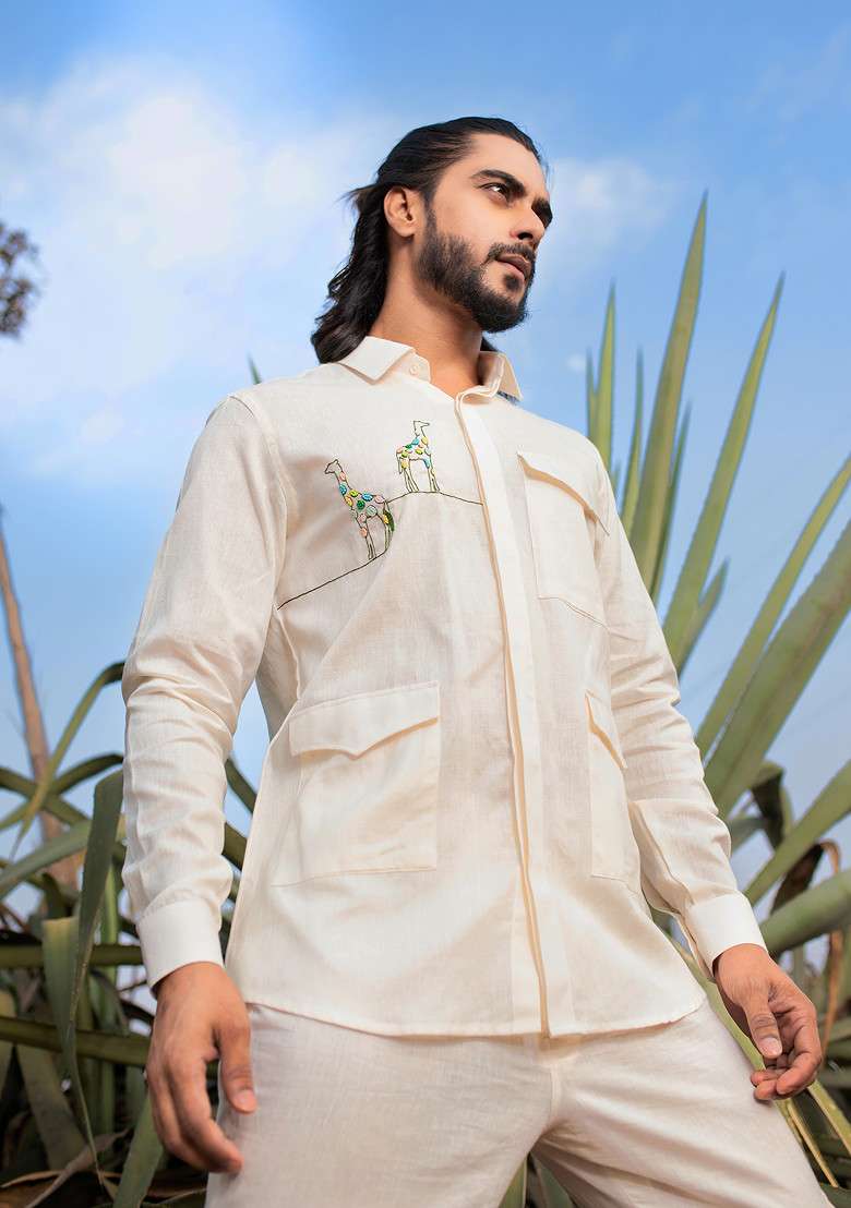 Pink Hand Embroidered Pastel Giraffe Shirt For Men - Indya