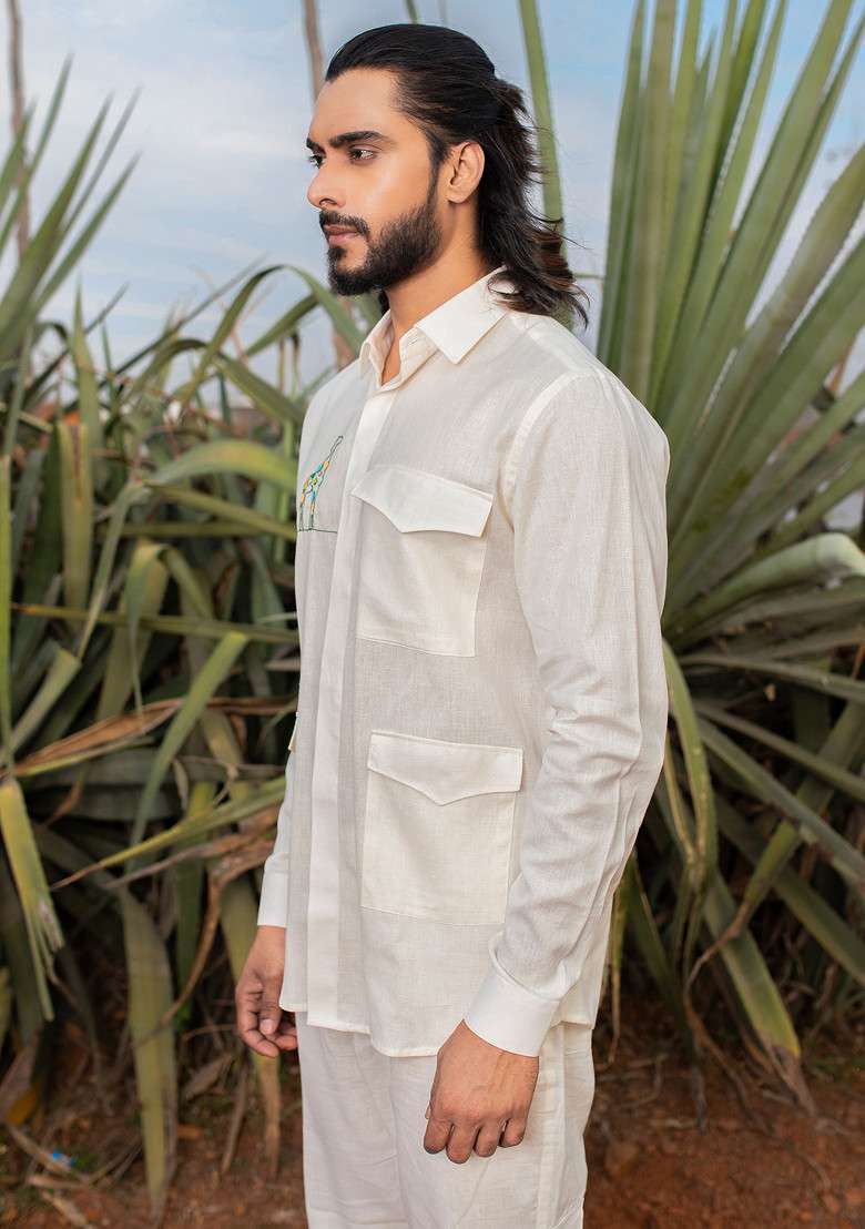 Pink Hand Embroidered Pastel Giraffe Shirt For Men - Indya