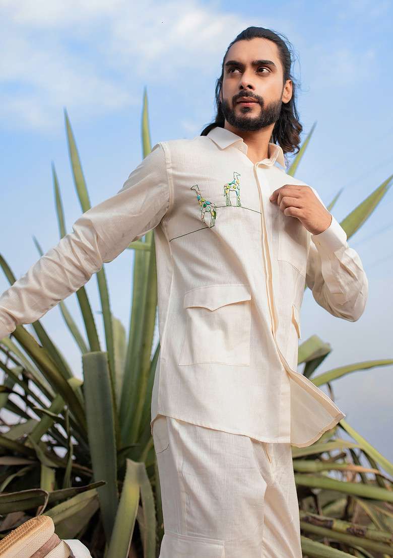 Pink Hand Embroidered Pastel Giraffe Shirt For Men - Indya