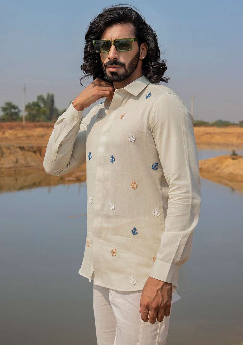 Light Grey Hand Embroidered Ankor Shore Shirt For Men - Indya