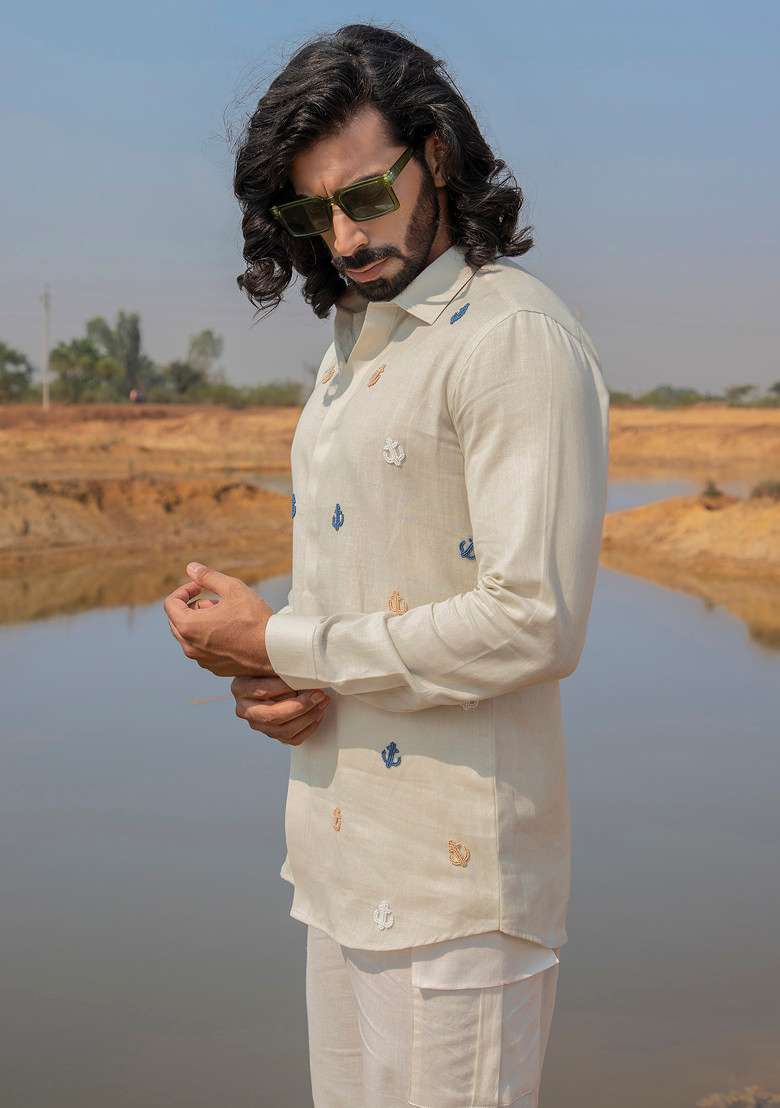 Light Grey Hand Embroidered Ankor Shore Shirt For Men - Indya