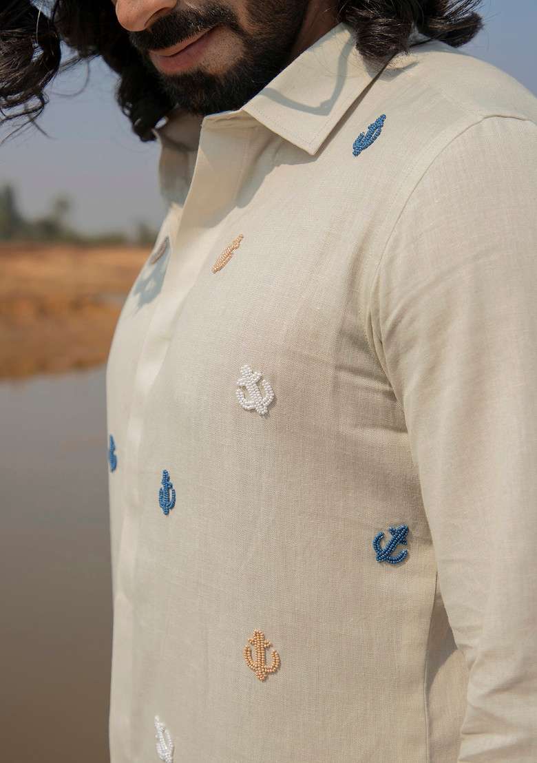 Light Grey Hand Embroidered Ankor Shore Shirt For Men - Indya