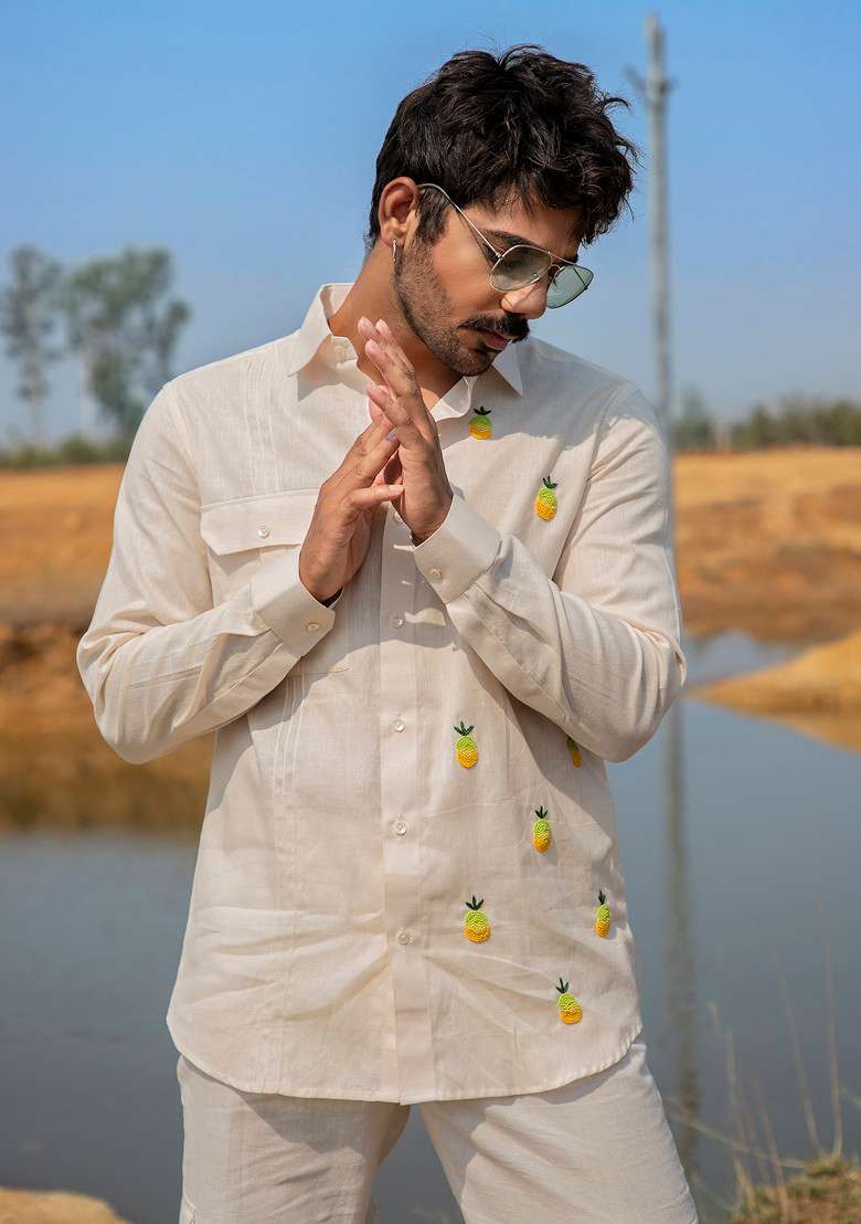 White Multicolour Hand Embroidered Pintuck Shirt For Men - Indya