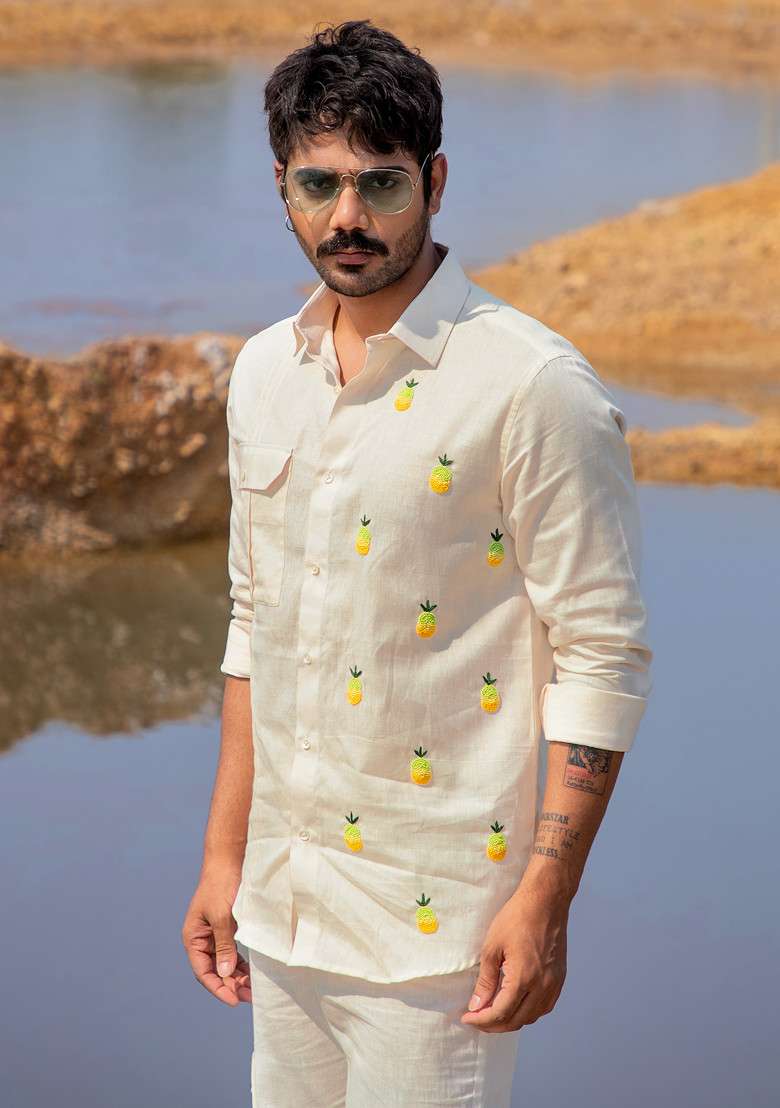 White Multicolour Hand Embroidered Pintuck Shirt For Men - Indya