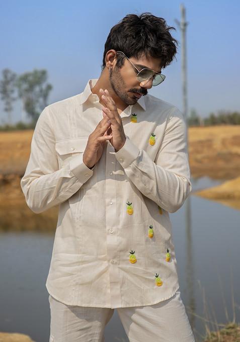White Multicolour Hand Embroidered Pintuck Shirt For Men