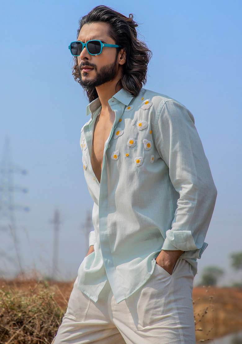 Blue Hand Embroidered Omlette Closet Shirt For Men - Indya