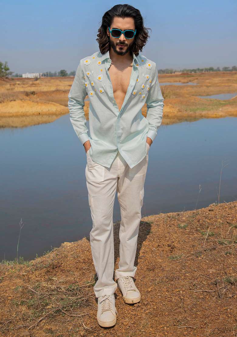 Blue Hand Embroidered Omlette Closet Shirt For Men - Indya
