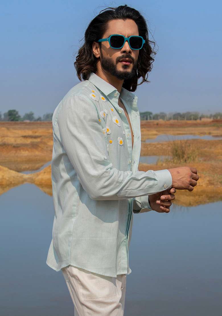 Blue Hand Embroidered Omlette Closet Shirt For Men - Indya