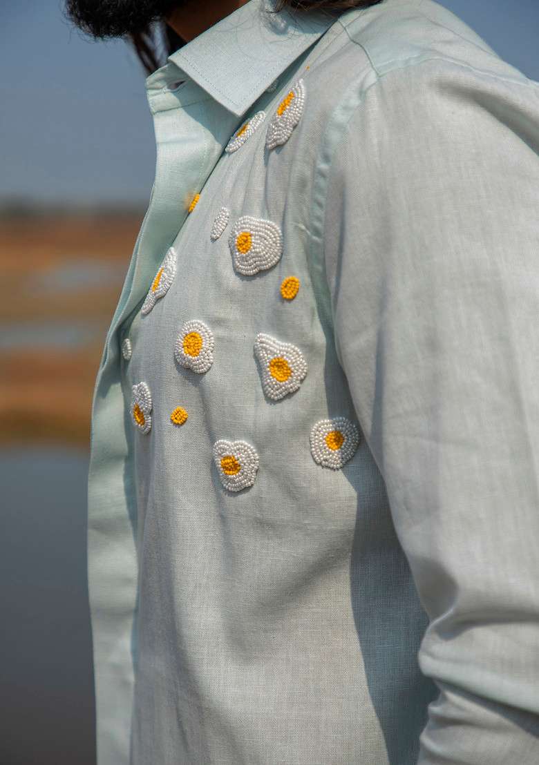 Blue Hand Embroidered Omlette Closet Shirt For Men - Indya