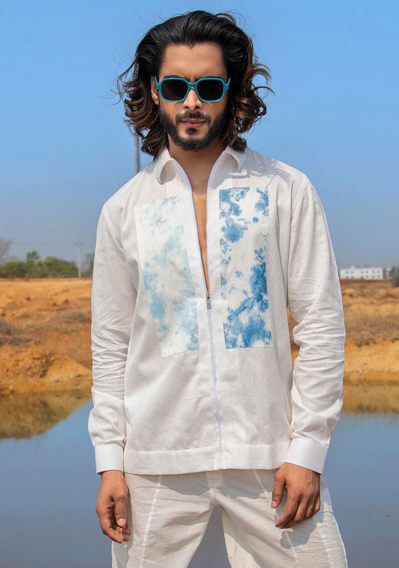 White Hand Dyed Easy Breezy Shacket For Men - Indya