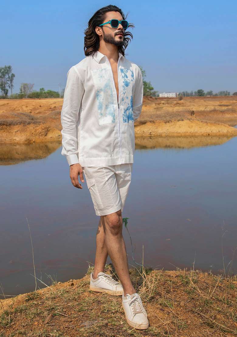 White Hand Dyed Easy Breezy Shacket For Men - Indya
