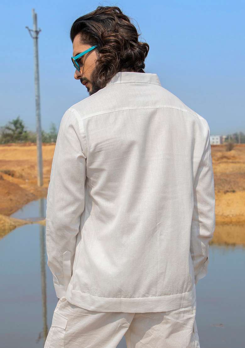 White Hand Dyed Easy Breezy Shacket For Men - Indya