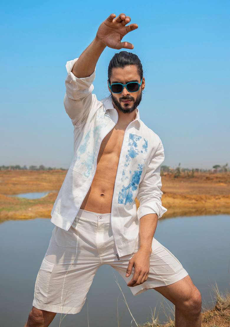 White Hand Dyed Easy Breezy Shacket For Men - Indya