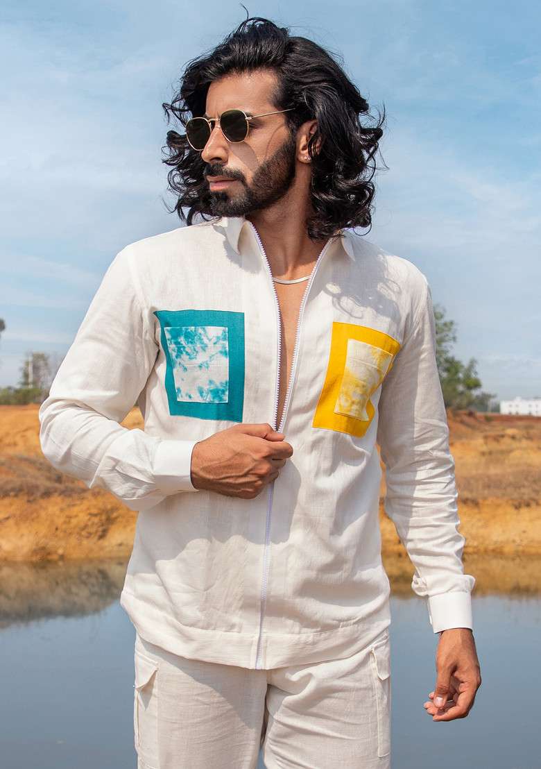 White Hand Dyed Pocket Splash Shacket For Men - Indya