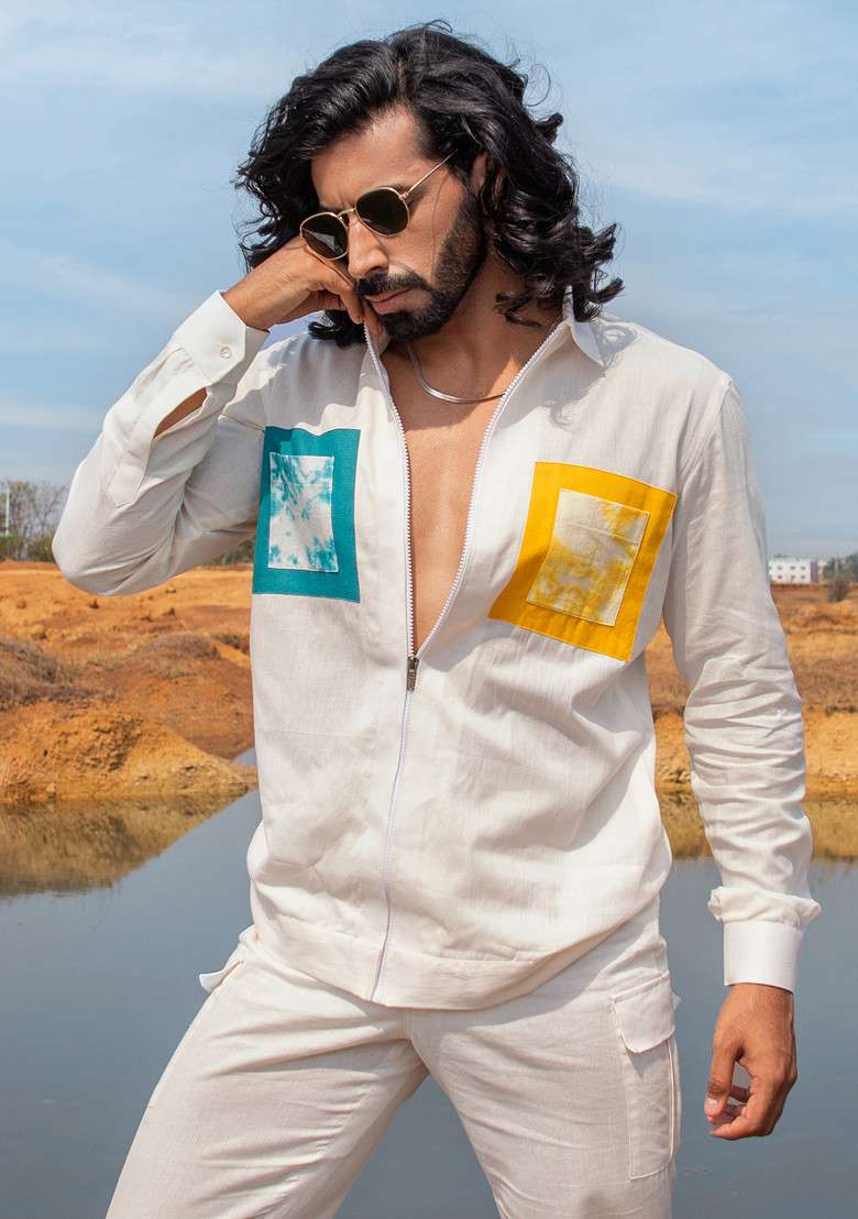 White Hand Dyed Pocket Splash Shacket For Men - Indya