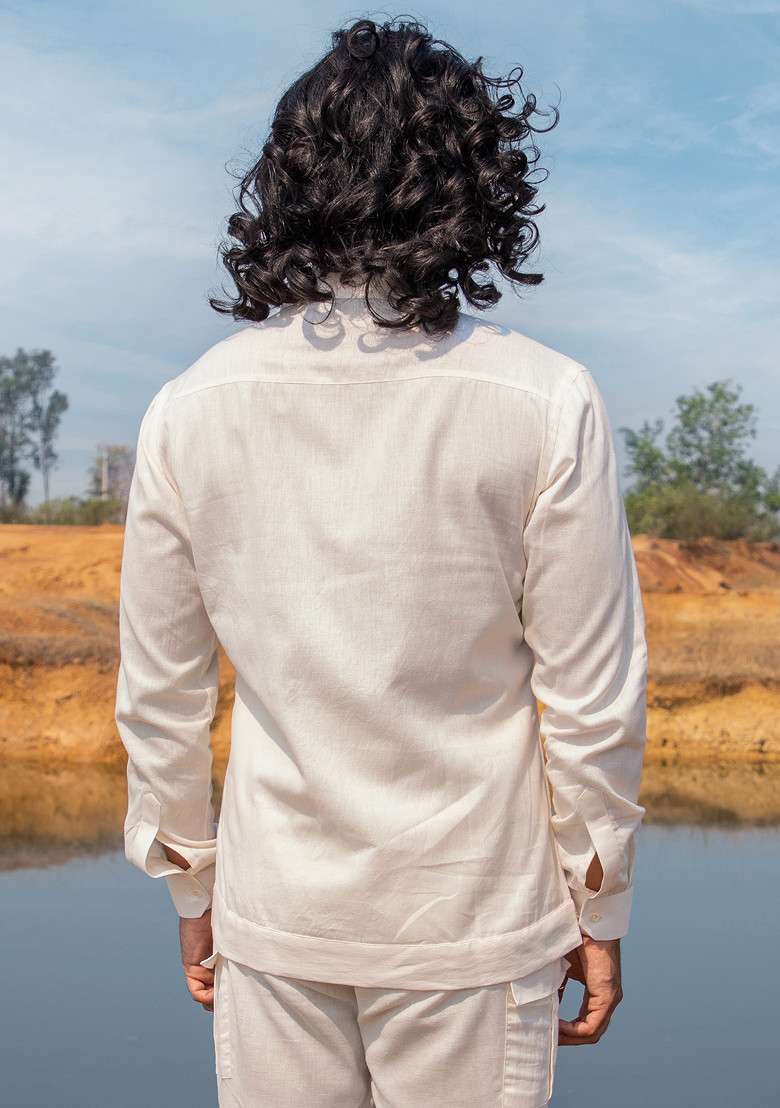 White Hand Dyed Pocket Splash Shacket For Men - Indya
