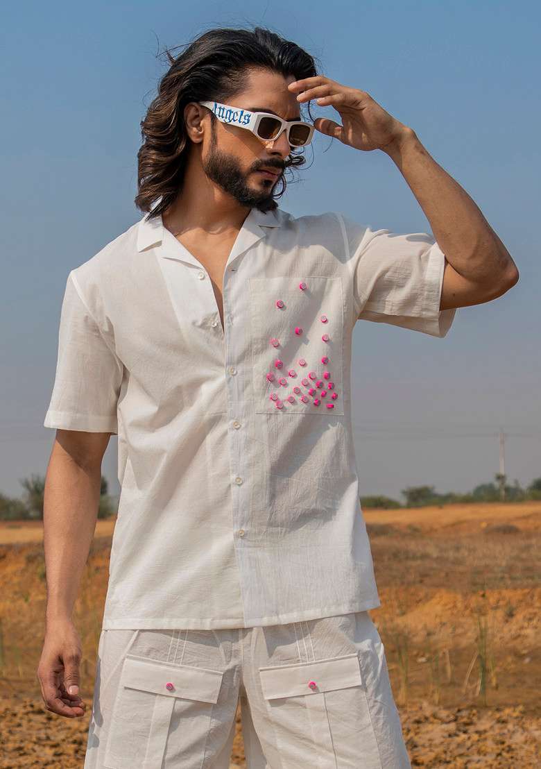 White Hand Dyed Shirt For Men - Indya