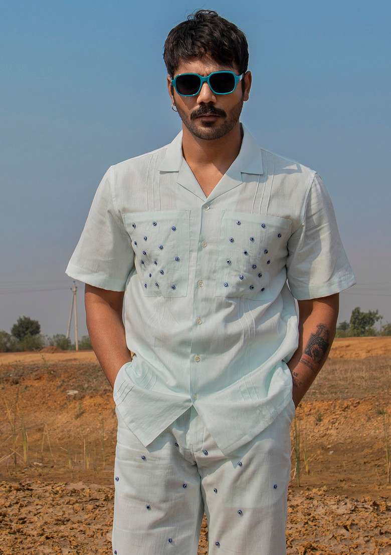 Blue Embroidered Blink Shirt For Men - Indya