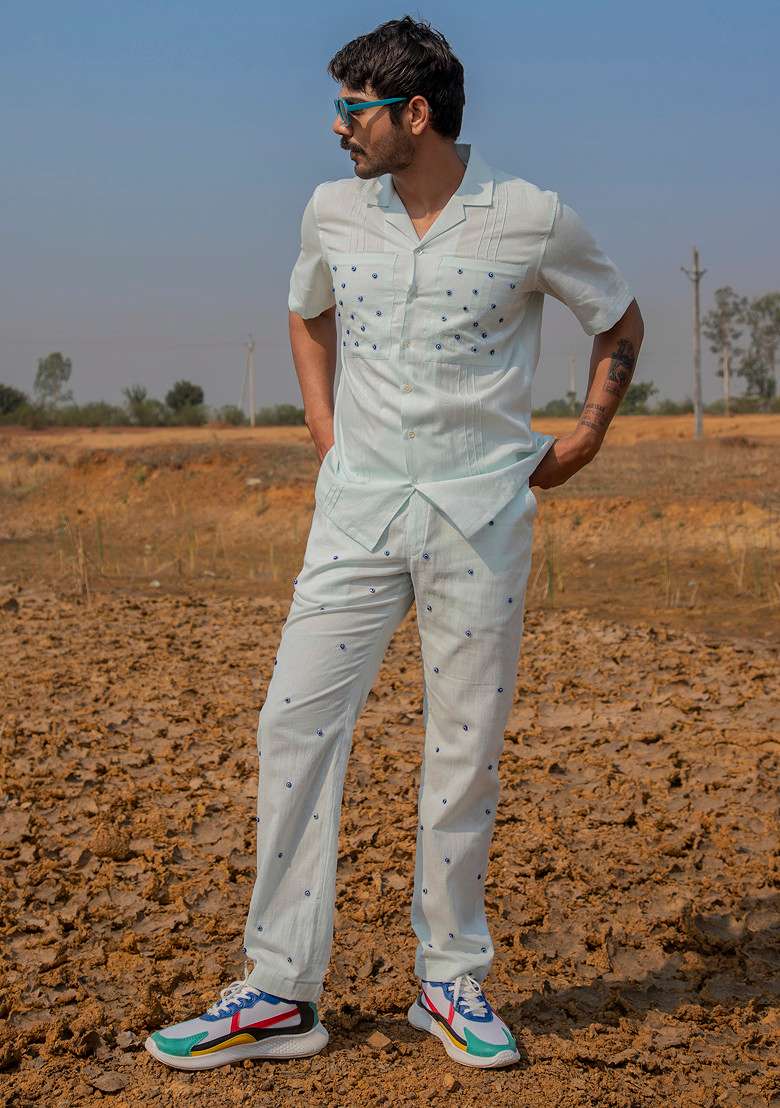 Blue Embroidered Blink Shirt For Men - Indya