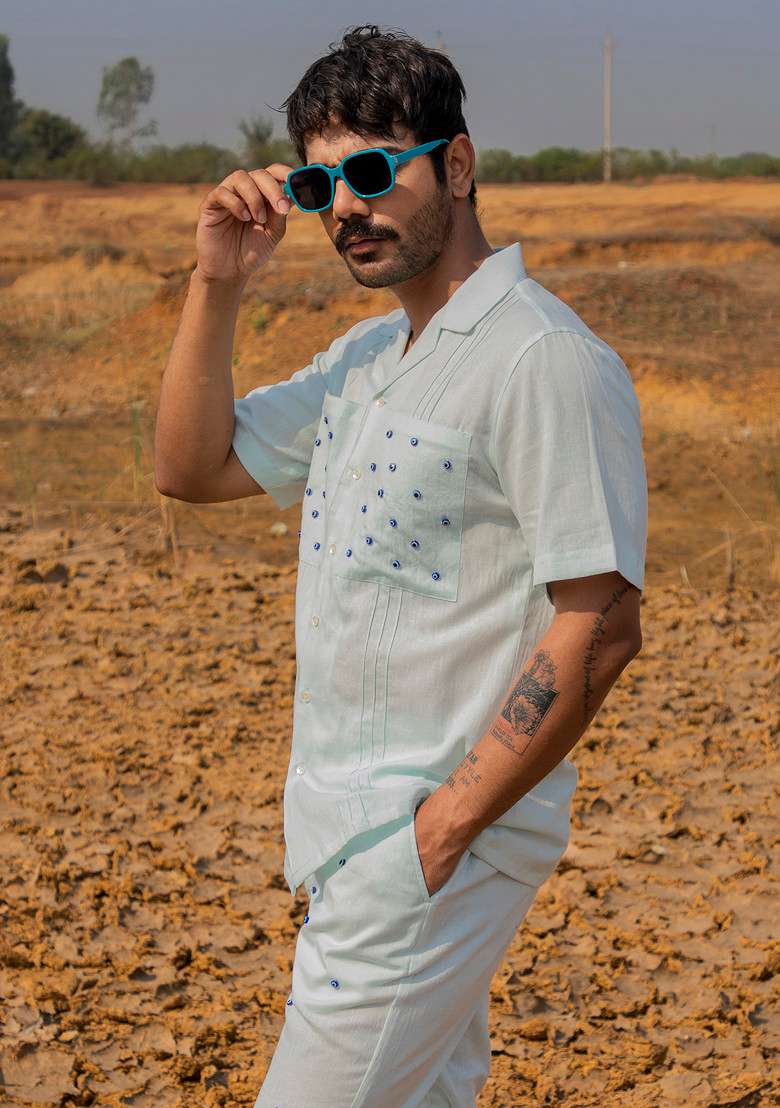 Blue Embroidered Blink Shirt For Men - Indya