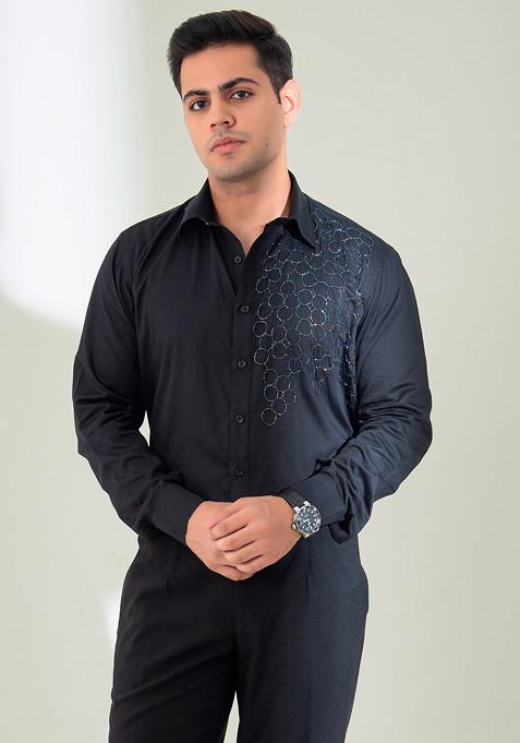 Black Cutdana Embroidered Shirt For Men