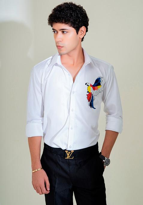 White Colourful Embroidered Shirt For Men