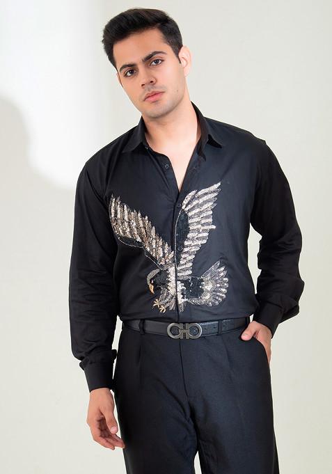 Black Embellished Eagle Motif Shirt For Men