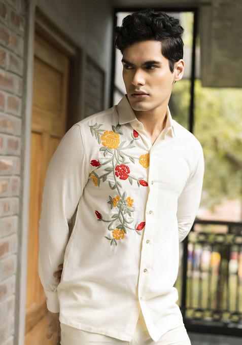 Off White Embroidered Handwoven Cotton Saad Shirt For Men