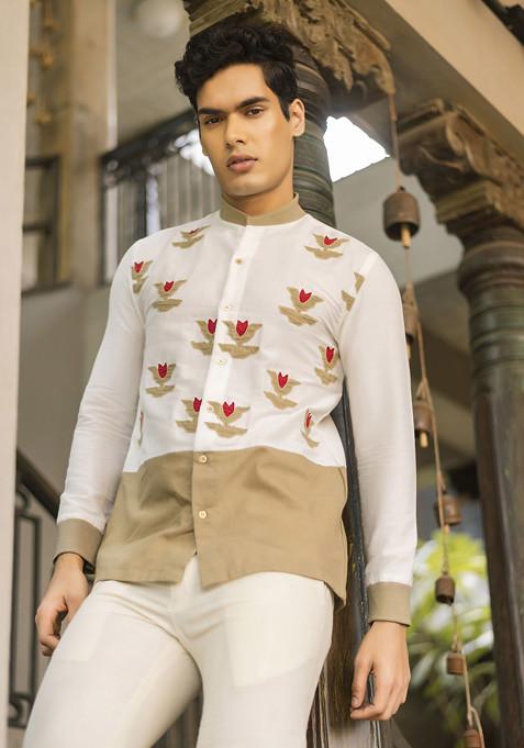Off White And Olive Embroidered Aalam Shirt For Men