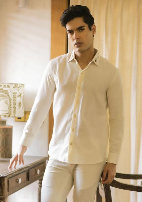 Off White Embroidered Handwoven Cotton Zain Shirt For Men
