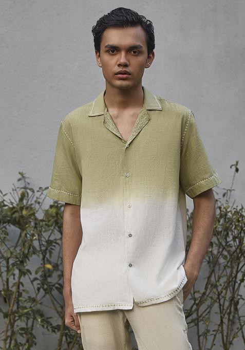 Green And Ivory Embroidered Terra Shirt For Men