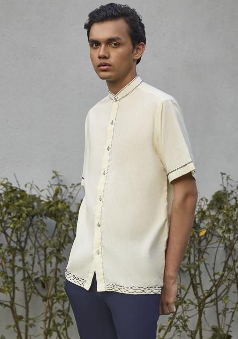 Ivory Handwoven Cotton Pyro Shirt For Men