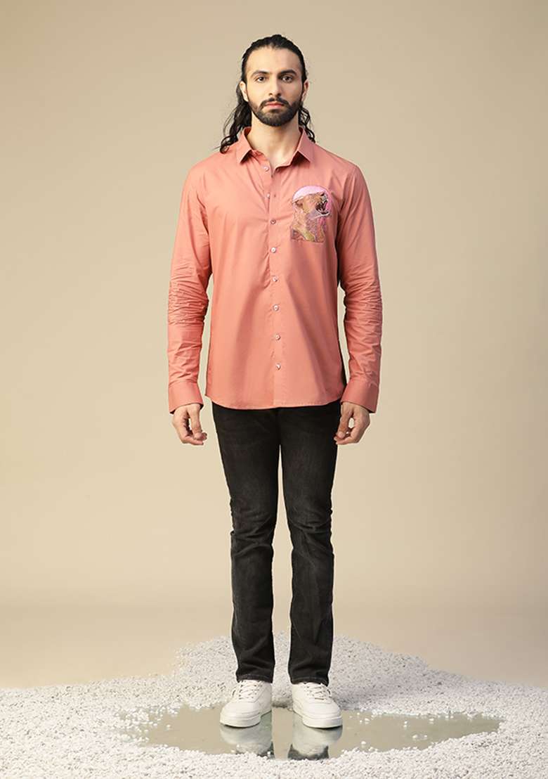 Peach Eclipse Tiger Hand Painted Shirt - Indya