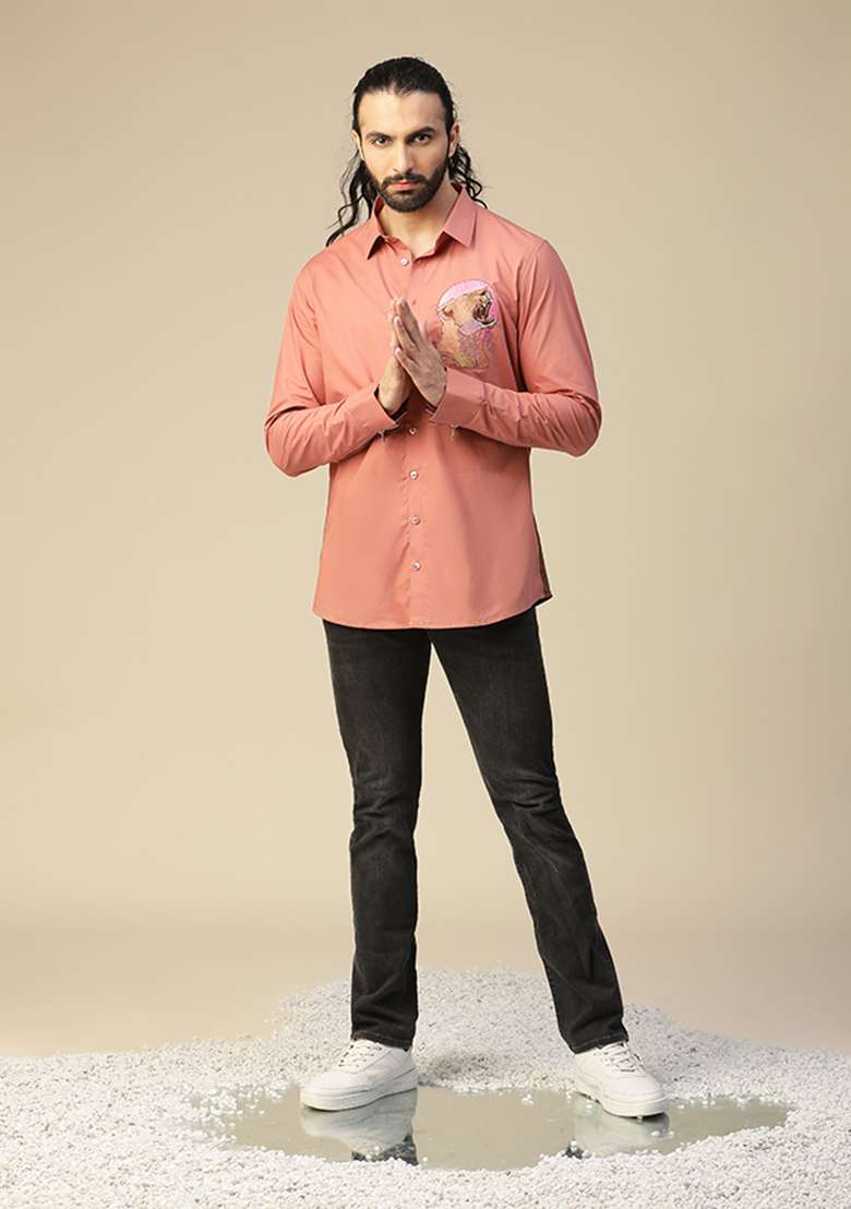 Peach Eclipse Tiger Hand Painted Shirt - Indya