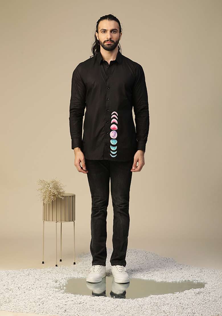 Black Cloudy Moon Phase Hand Painted Shirt - Indya