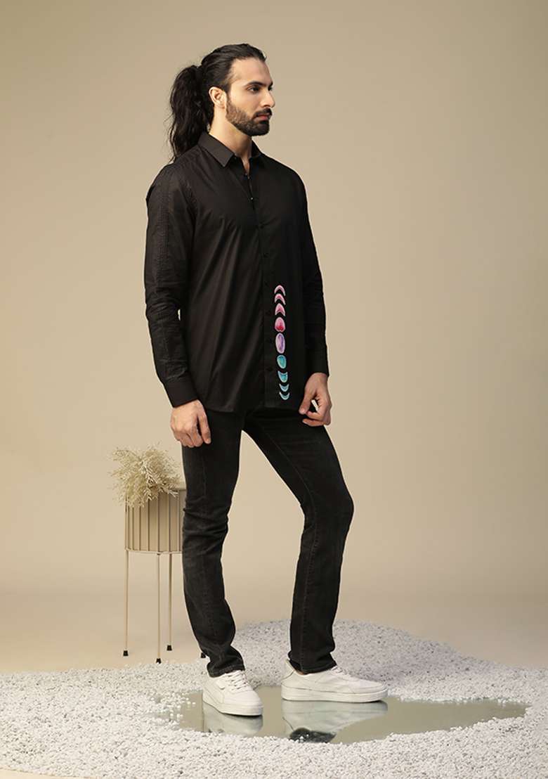 Black Cloudy Moon Phase Hand Painted Shirt - Indya
