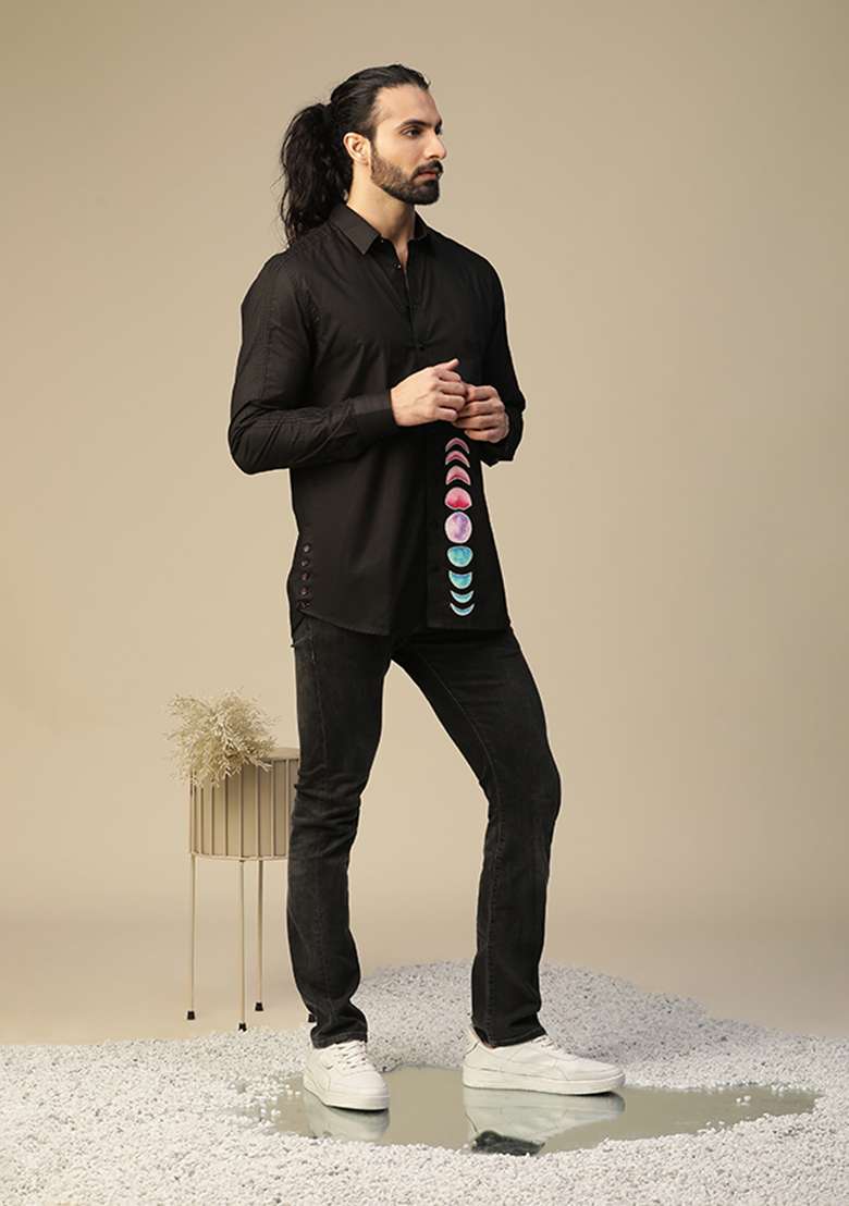 Black Cloudy Moon Phase Hand Painted Shirt - Indya