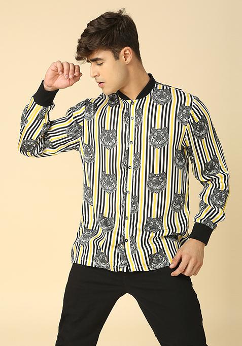 Black And White Tiger Printed Striped Shirt For Men