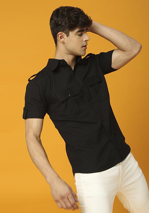 Black Tiger Embroidered Linen Shirt For Men