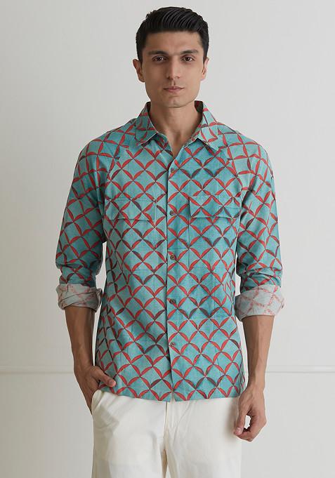 Turquoise Checkered Printed Shirt