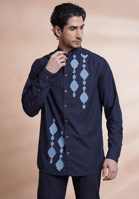 Navy Blue Machine Embroidered Cotton Shirt For Men