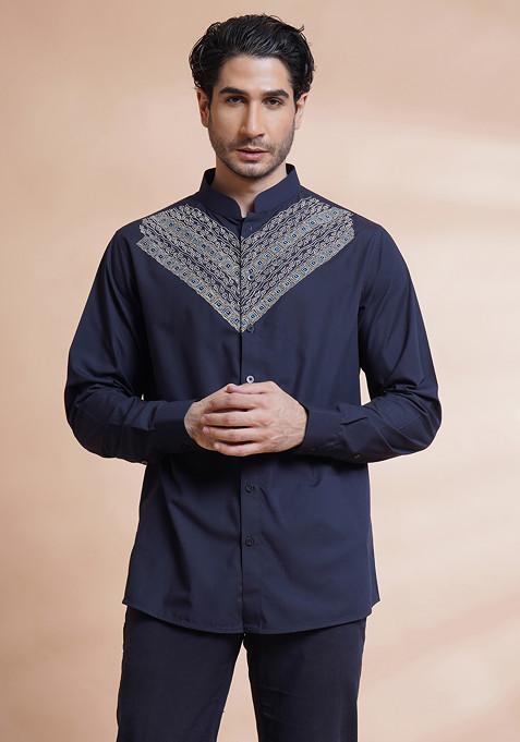 Navy Blue Embroidered Cotton Shirt For Men