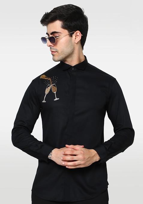 Black Champagne Embroidered Cotton Shirt For Men