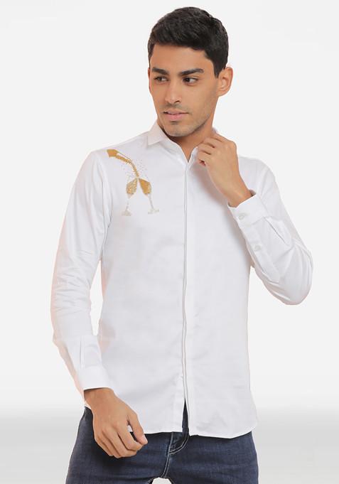 White Champagne Embroidered Cotton Shirt For Men